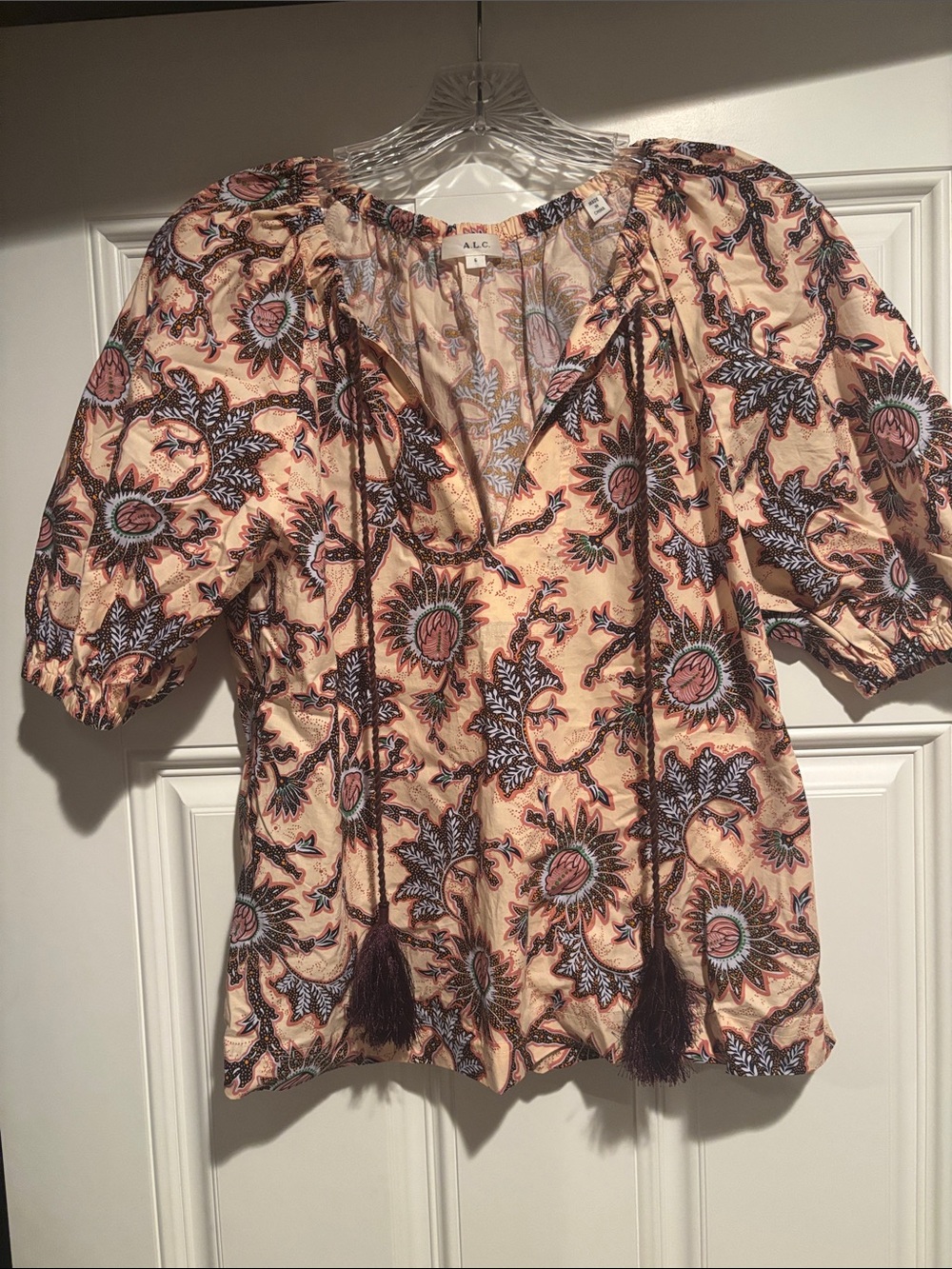 A.L.C. Peach Floral Puff-Sleeve Blouse with Tassel Ties